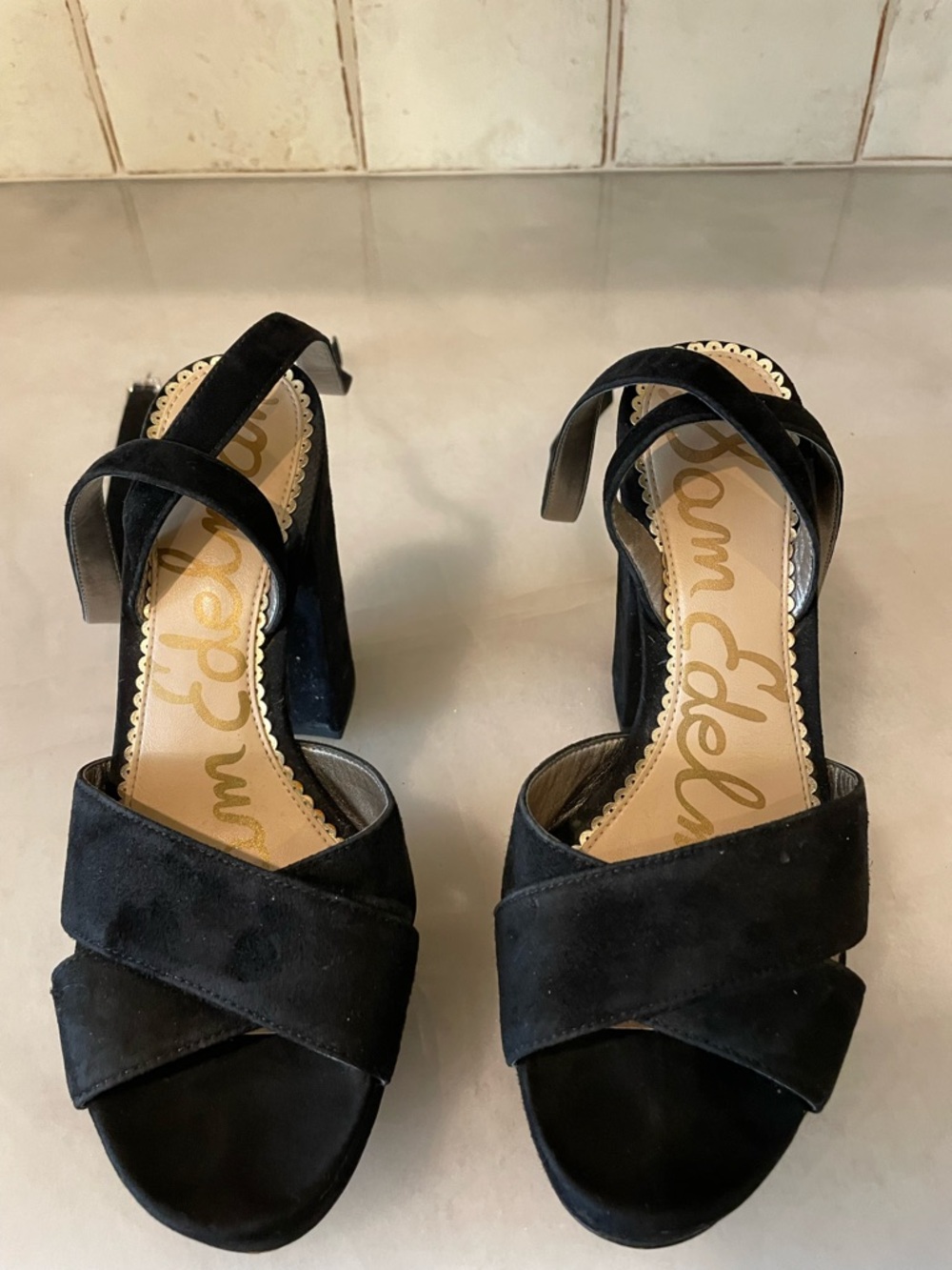 Sam Edelman Black Suede Crisscross Block Heel Sandals with Ankle Strap
